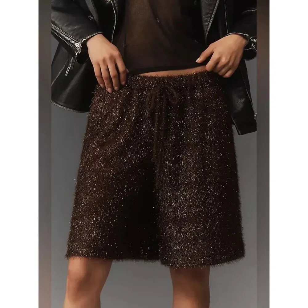 Anthropologie Maeve Tinsel High-Rise Long Shorts SZ XS NWT Brown Metallic Party